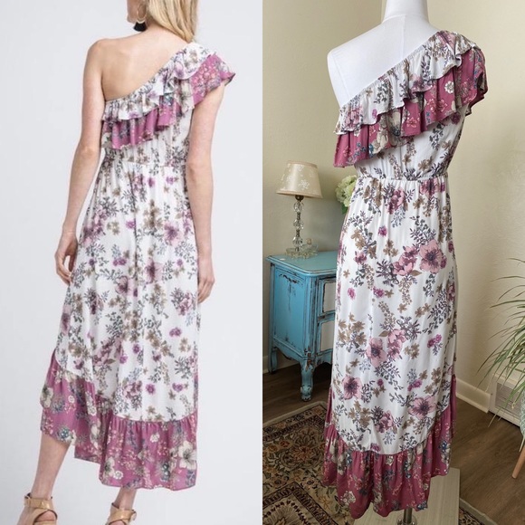 NWT Entro One Shoulder Asymmetrical Floral Ruffle Midi Dress, Pink - Picture 2 of 3